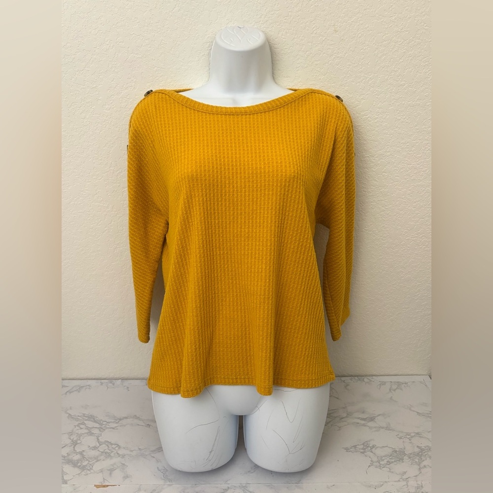 Waffle Knit Yellow Baby Doll Blouse Size S Mustard Button Accent Pullover Top​